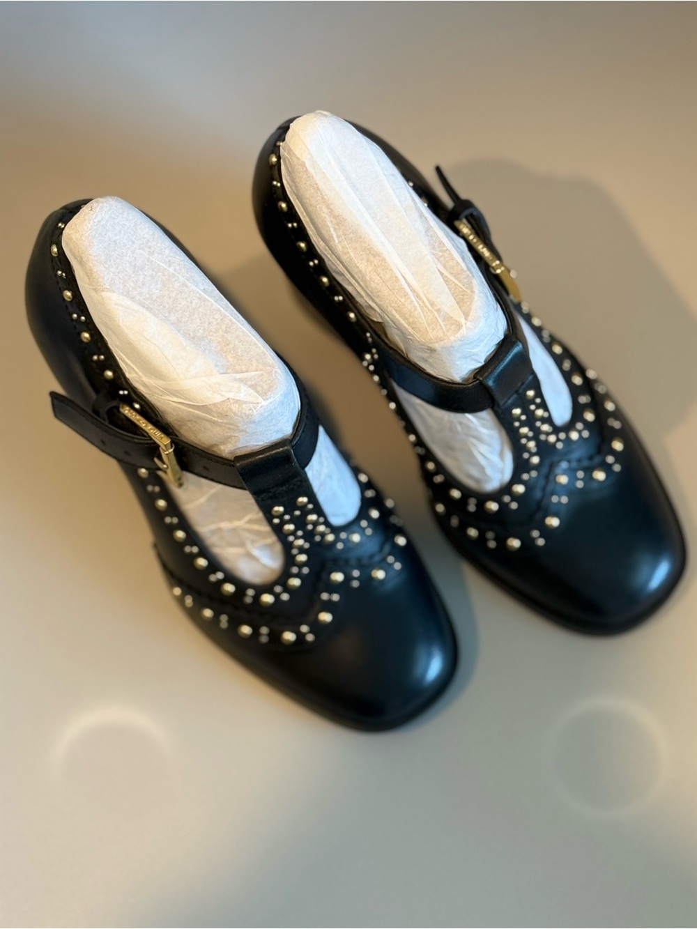Vince Camuto Maris Black Leather Studded T-Strap Women's Shoes